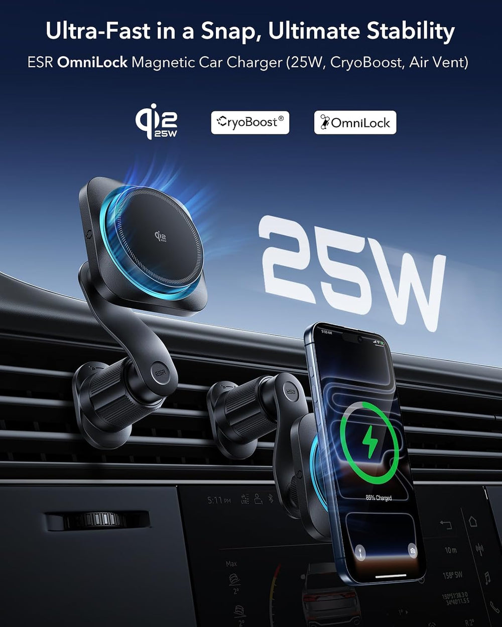 ESR OmniLock Qi2.2 25W Certified MagSafe Car Mount Charger with Cryoboost
