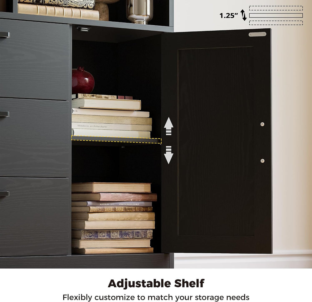 IRONCK 70.9-Inch Bookcase with Doors and 3 Drawers, Black