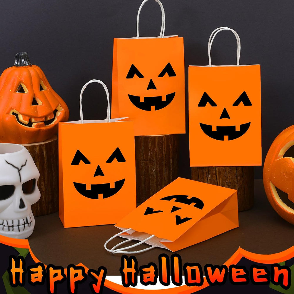 Ctosree 100 Pcs Halloween Pumpkin Gift Bags with Handle, Party Favor Bags