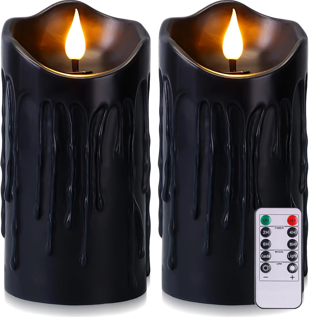 2 Pack Halloween Black Flameless Pillar Candles with Remote, 3 x 6 Inch