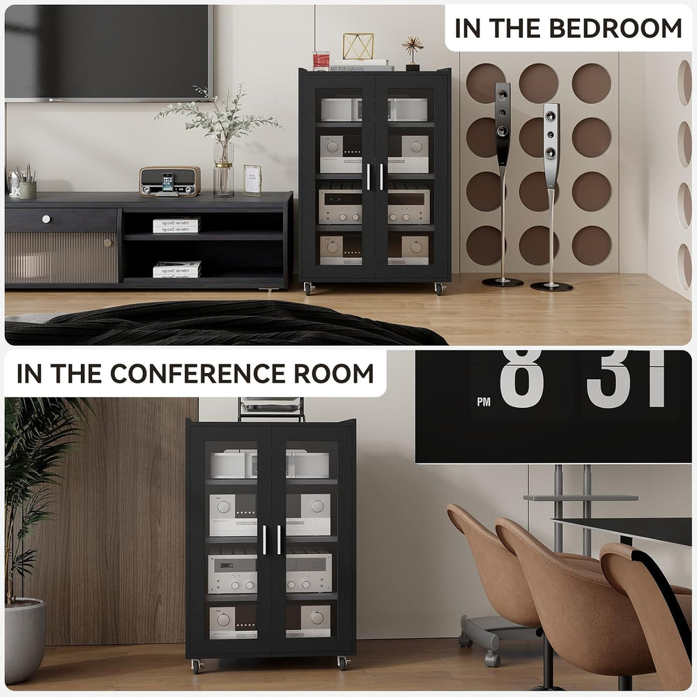 ELECWISH 5 Tier Media Cabinet with Glass Door & Adjustable Shelves, Black