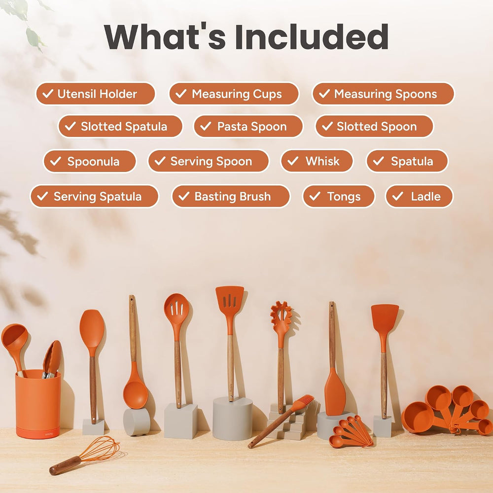 SMIRLY Silicone Kitchen Utensils Set, 22-Piece Acacia Wood Handle, Orange
