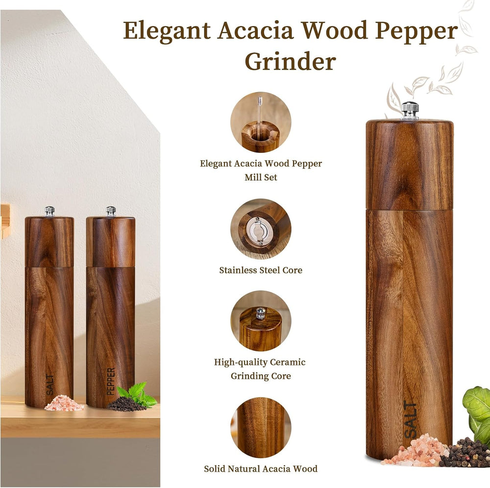 XWXO 2 Pack Acacia Wooden Salt and Pepper Grinder Set 8 Inches Refillable