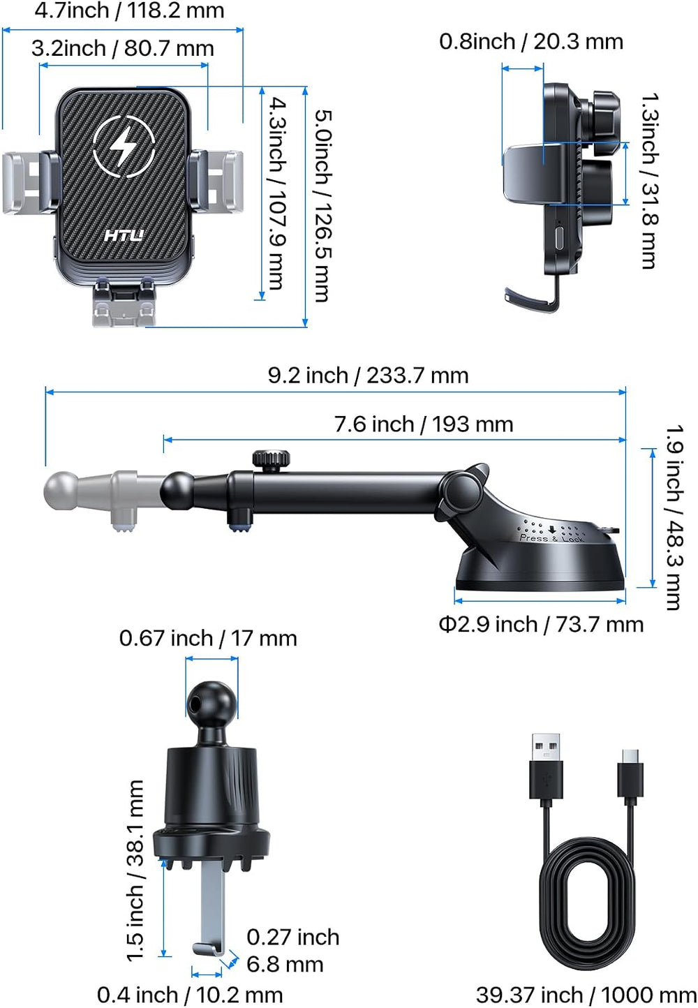 HTU Upgraded 15W Fast Charging Auto-Clamping Wireless Car Charger Mount