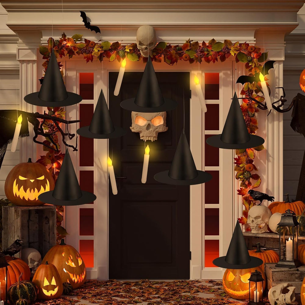 80 Pcs Halloween Hanging Witch Hats and Taper Floating Candles Set