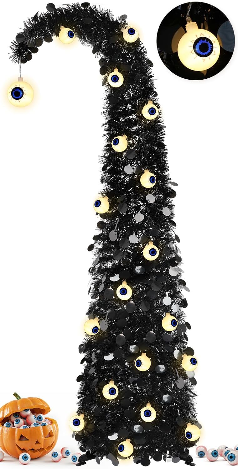 Black Halloween Tree with Eyeball String Lights for Christmas Decorations