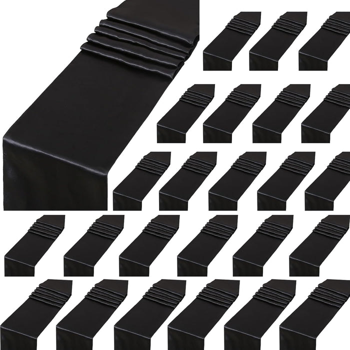 24 Pack Black Table Runners 12 x 108 Inches Long Smooth Satin Silk Black Halloween Table Runner for Party Wedding Birthday Banquet Decoration