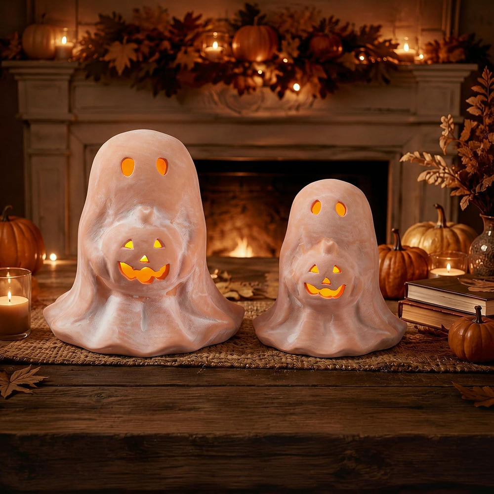 Tioncy 2 Pcs Halloween Terracotta Ghost Tealight Holder, Terracotta, Retro