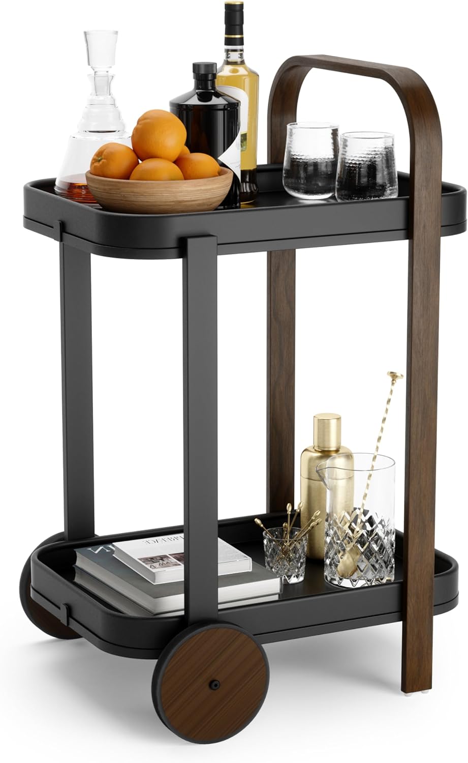 Umbra Bellwood Bar Cart, Rolling 2-Tier Storage Cart, Black/Walnut