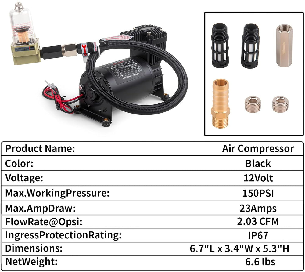 12V 150PSI Air Horn Suspension Compressor Kit 3/8 NPT Black