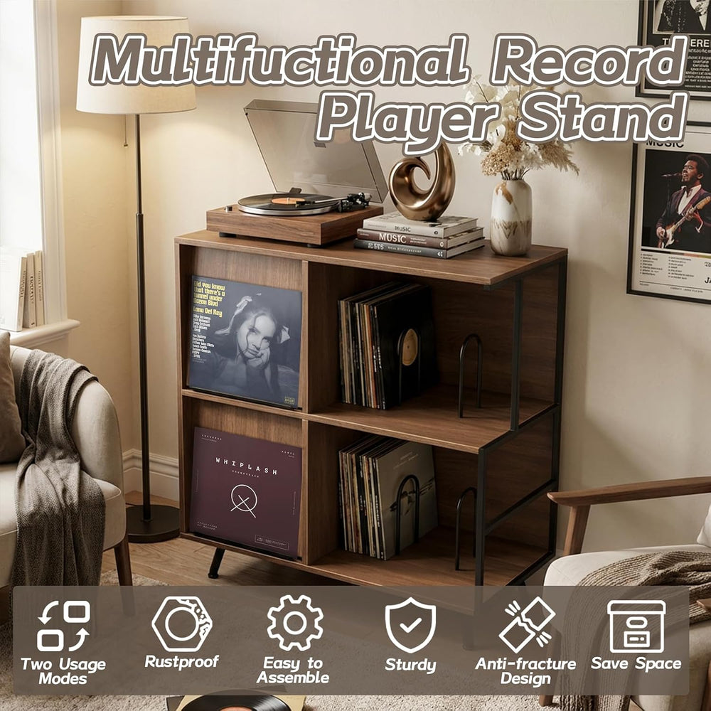 Faesun 3 Tier Record Player Stand with Flip-Down Record Shelf, Walnut