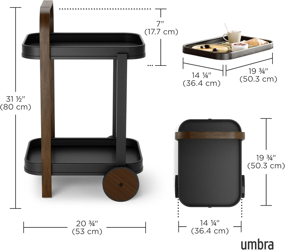 Umbra Bellwood Bar Cart, Rolling 2-Tier Storage Cart, Black/Walnut