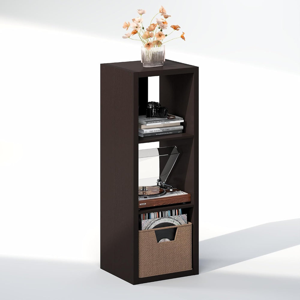 Furinno Cubicle Record Player Stand, 3-Cube Record Storage, Dark Oak