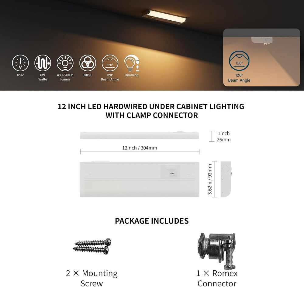 ZAGO 12 Inch LED Hardwired Under Cabinet Lighting with Clamp Connector, 5CCT ...
