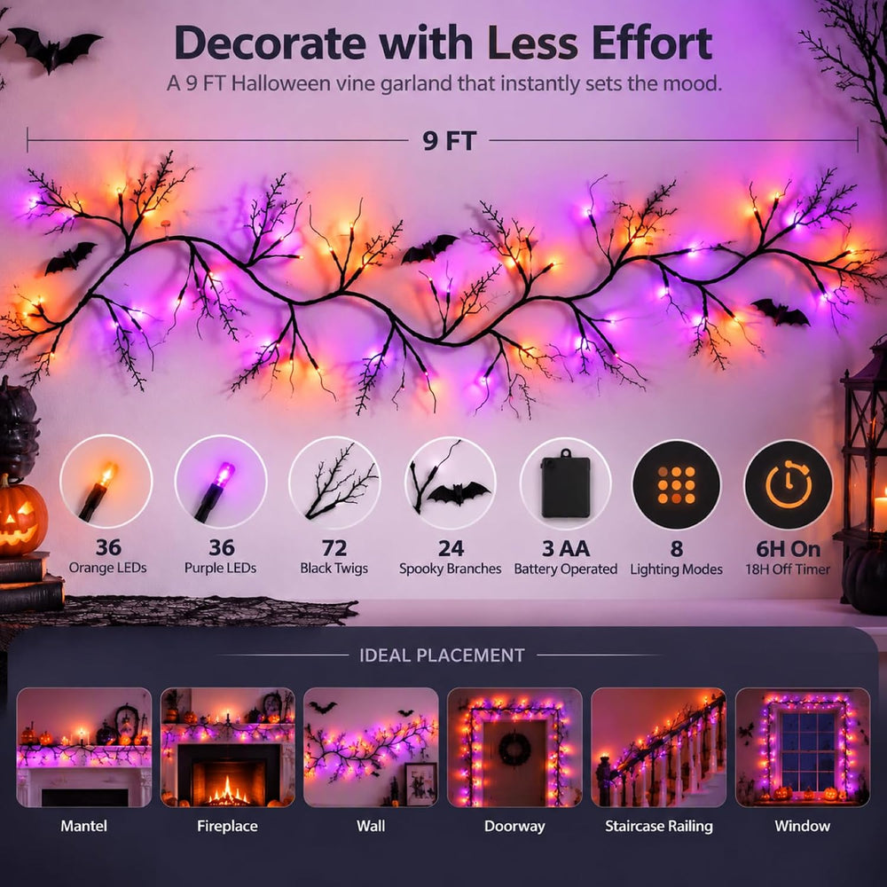Halloween Garland with Orange & Purple Lights, 9 FT Bendable Black Branch