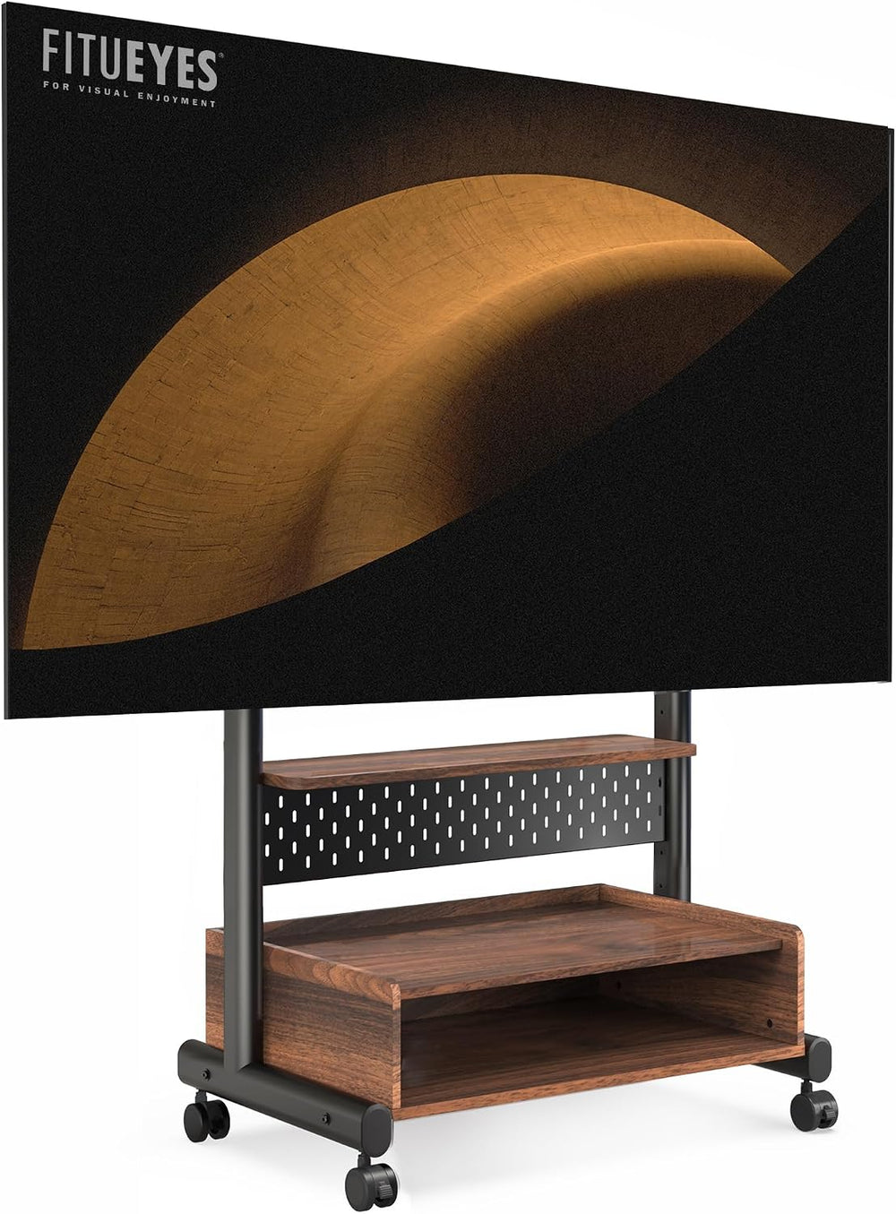 FITUEYES Rolling TV Floor Stand for 40-85in TVs, Height-Adjustable, Walnut