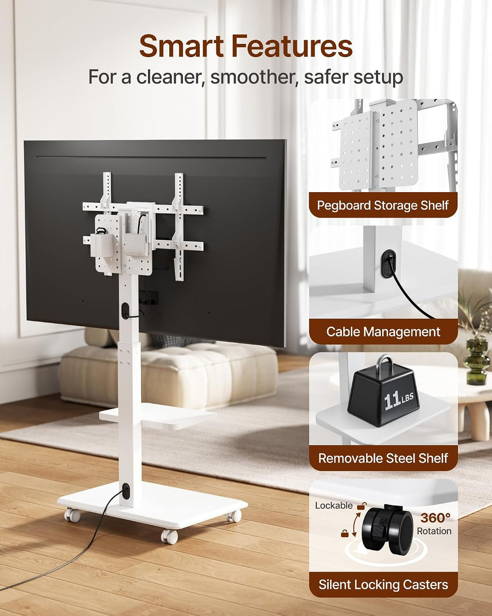 Steel Base Rolling TV Stand for 37-86 Inch TVs up to 110 lbs, White