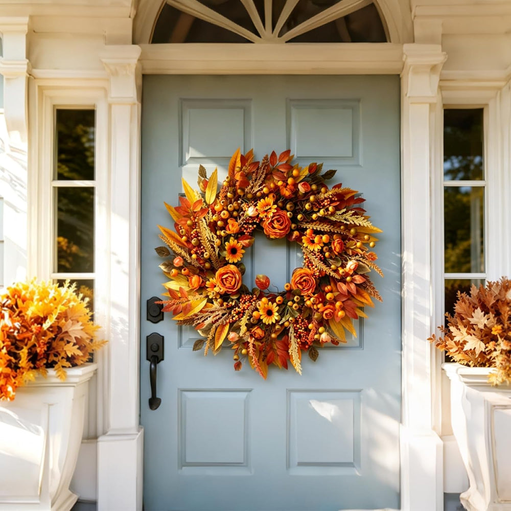 Fall Wreath for Front Door 26 Inch, Autumn Harvest Wreath Sunflowers Roses Ac...