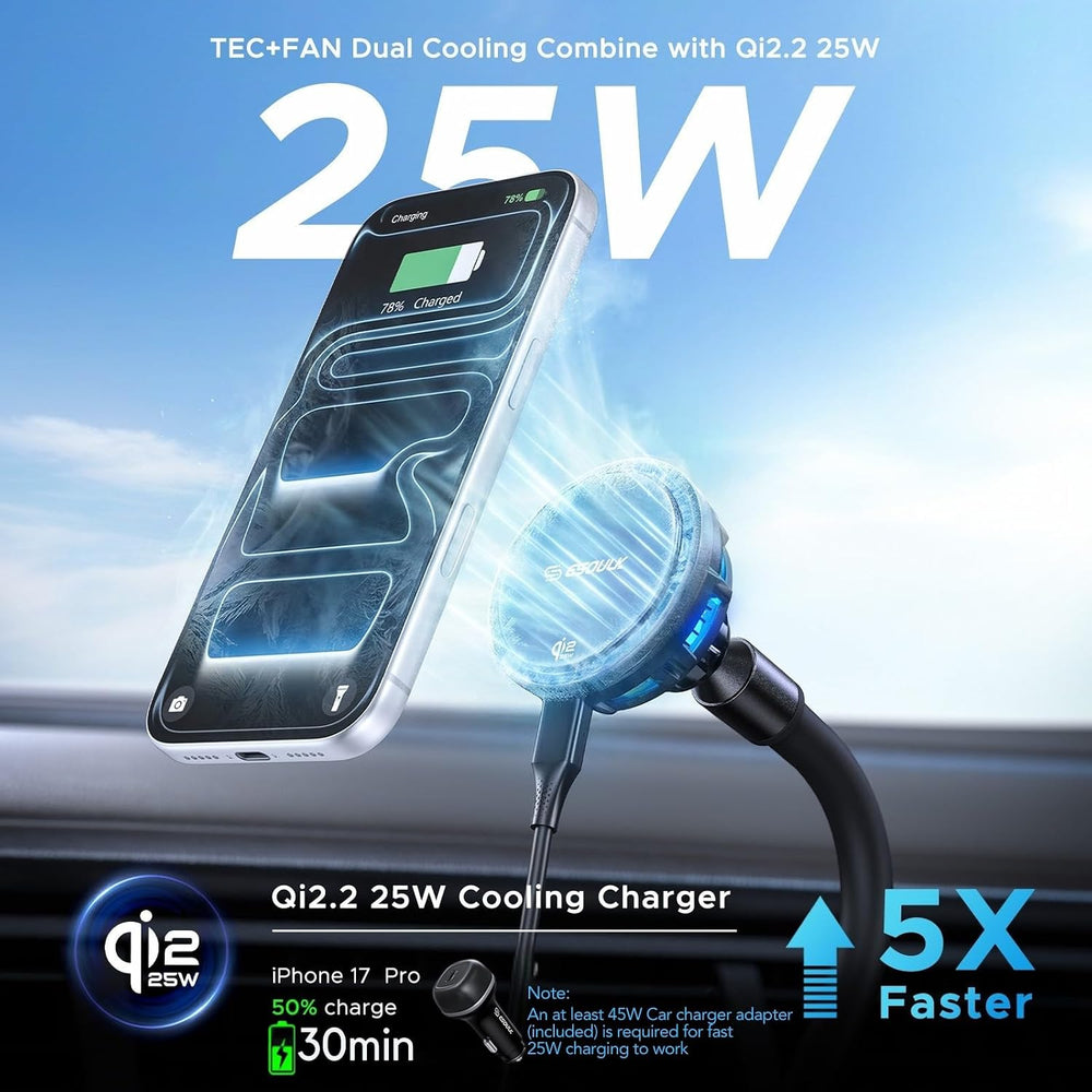Qi2 25W Cooling Wireless Car Charger 15 Inch Cup Holder Phone Mount