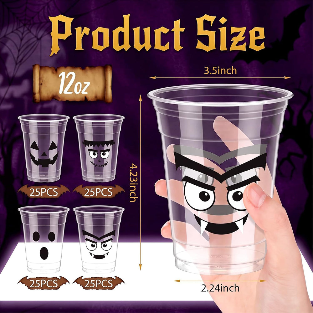 Bokon 100 Pcs 12 oz Halloween Plastic Cups, Cute Spooky