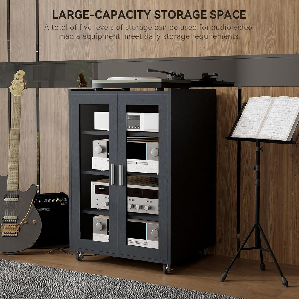 ELECWISH 5 Tier Media Cabinet with Glass Door & Adjustable Shelves, Black