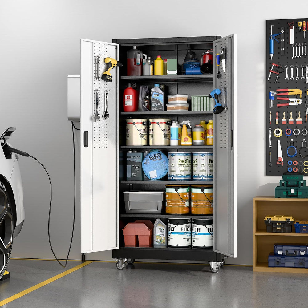 Reemoon Metal Garage Storage Cabinet with Wheels, Black and Silver