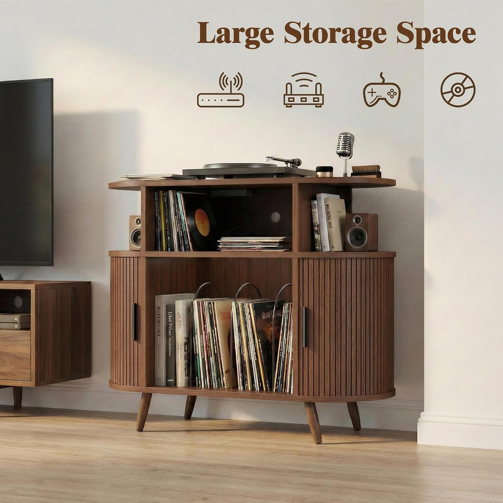 35" Record Player Stand with Storage, Media Stereo Shelf Charging, Walnut