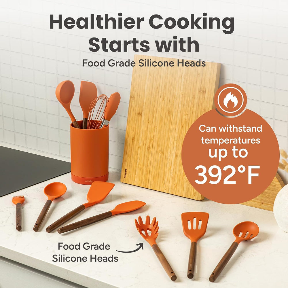 SMIRLY Silicone Kitchen Utensils Set, 22-Piece Acacia Wood Handle, Orange