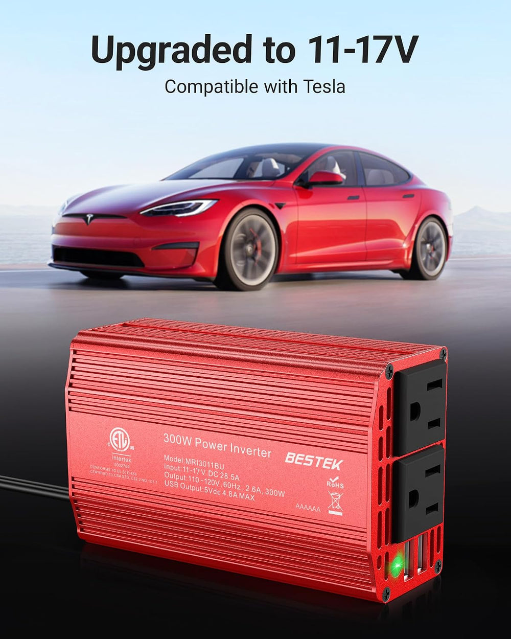BESTEK Power Inverter DC 12-17V to AC 110V - 300W Car Plug Adapter Outlet