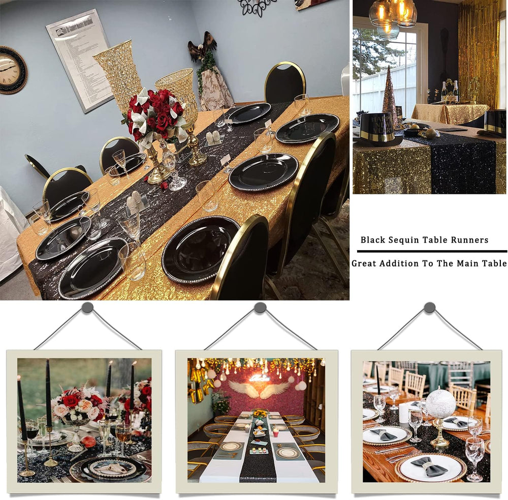 6 Pack Black Sequin Table Runner 12x108 Inch, High Density Sparkly Glitter Ta...