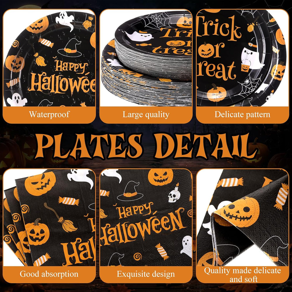 250 Pcs Halloween Party Supplies, Paper Plates Napkins and Cups, Black