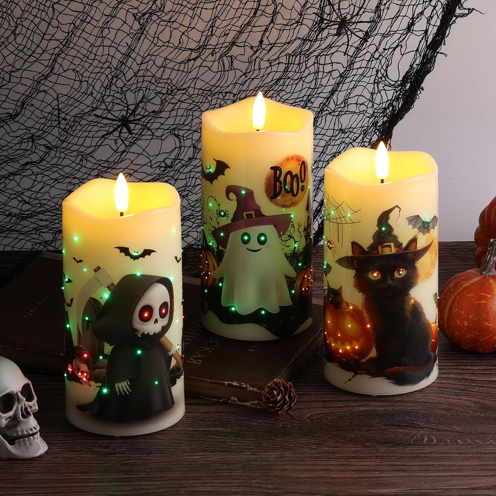 Eywamage Fiber Optic Halloween Flameless Pillar Candles with Remote 3 Pack
