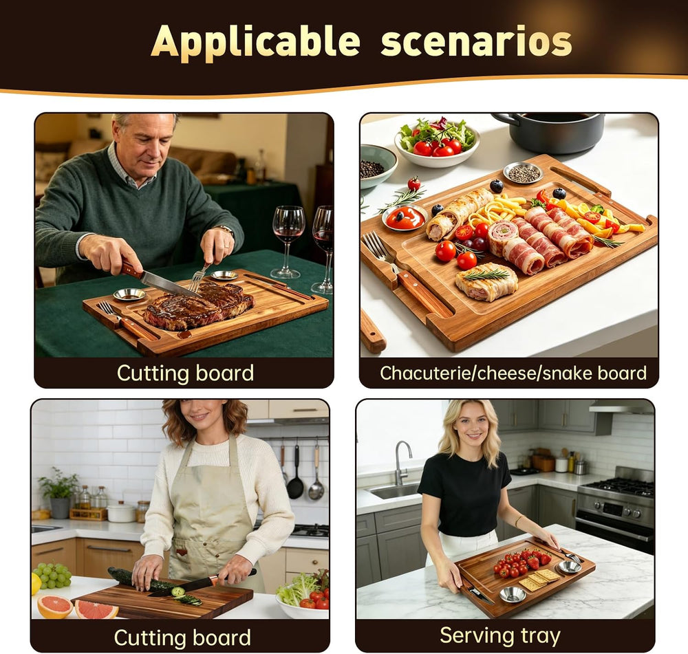 Acacia Wooden Steak Board Set Carnivore Cutting Board Plate for Eating
