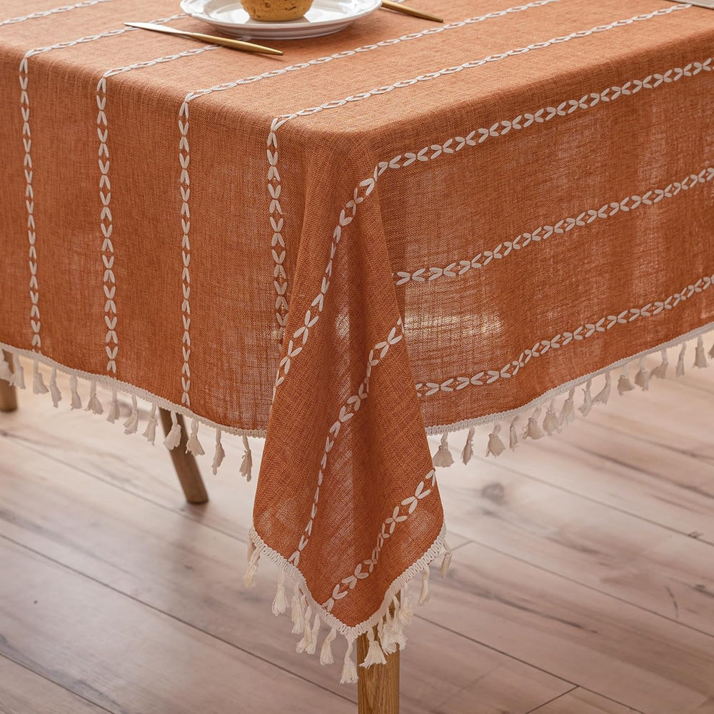 Burnt Orange Linen Rectangle Table Cloth with Tassel Farmhouse Burlap Tablecl...