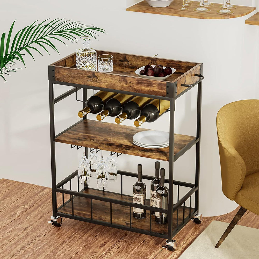 Bar Cart Serving Wine 3 Tier Home Rolling Rack with Wheels Mobile Kitchen Ind...