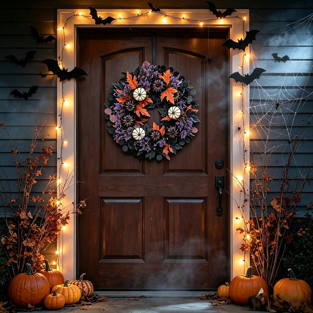 22" Halloween Wreaths for Front Door Black White Pumpkins Fall Wreath