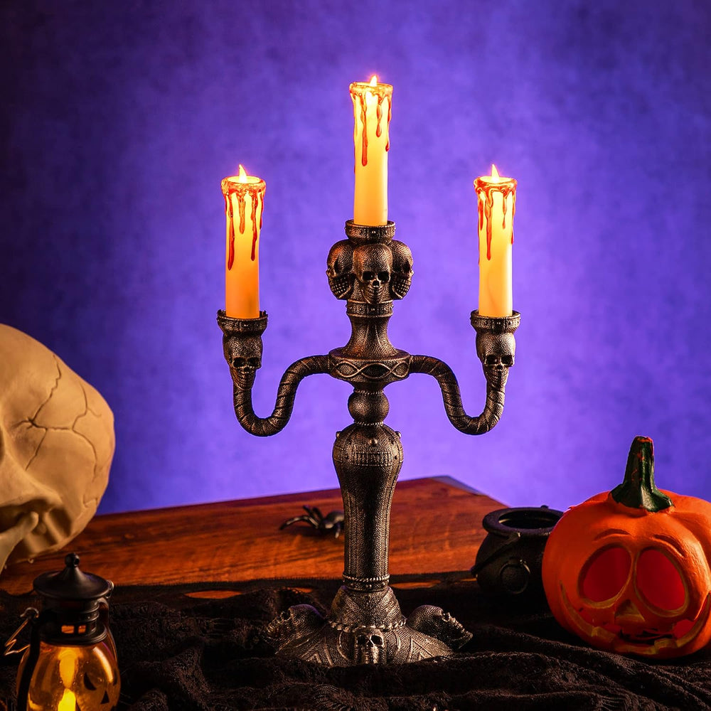 JOYIN 2 Pcs Skull Candelabra Halloween Decorations Indoor LED Lights Flameles...