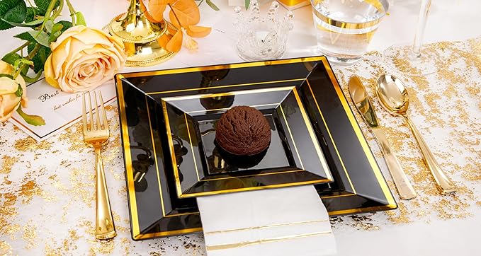 Festiva 350Pcs Black and Gold Plastic Plates-50Guests Disposable Square Black...