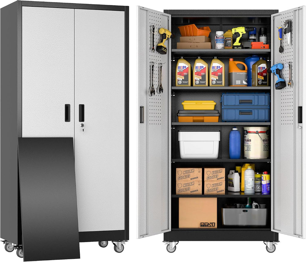 Reemoon Metal Garage Storage Cabinet with Wheels, Black and Silver