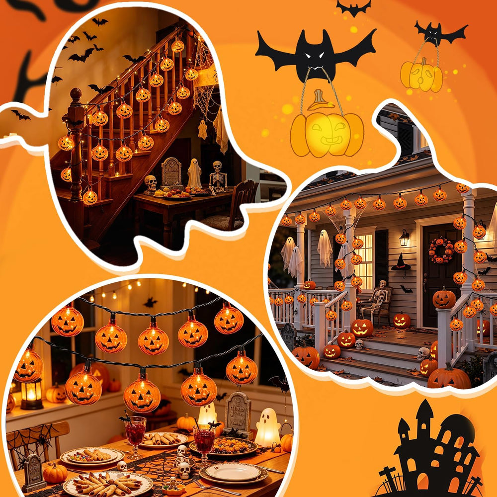 12Ft 20 LED Halloween Pumpkin String Lights Plug in Jack O Lantern Lights wit...