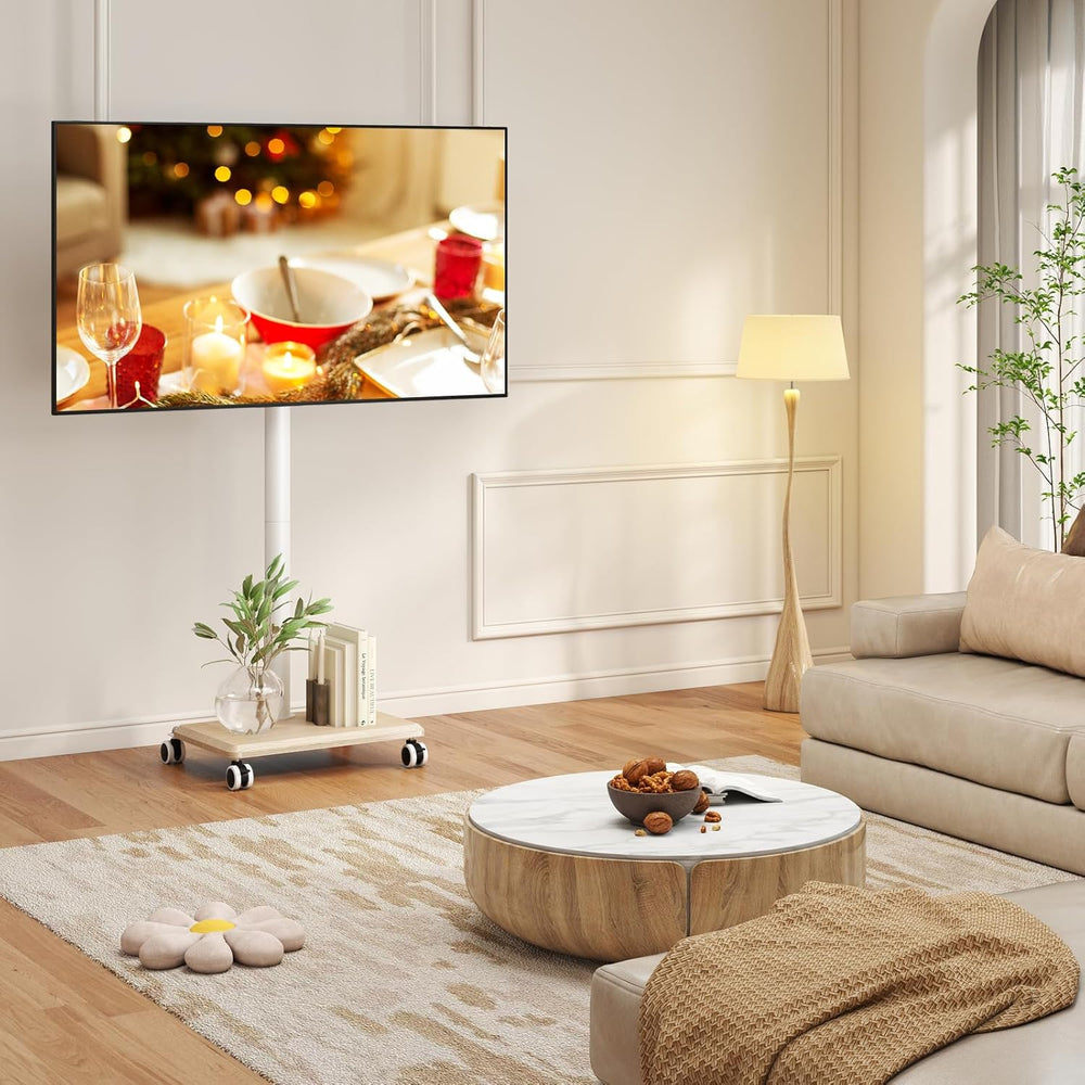Rfiver Rolling TV Stand for 32 to 60 Inch TV up to 88lbs Wood Base White