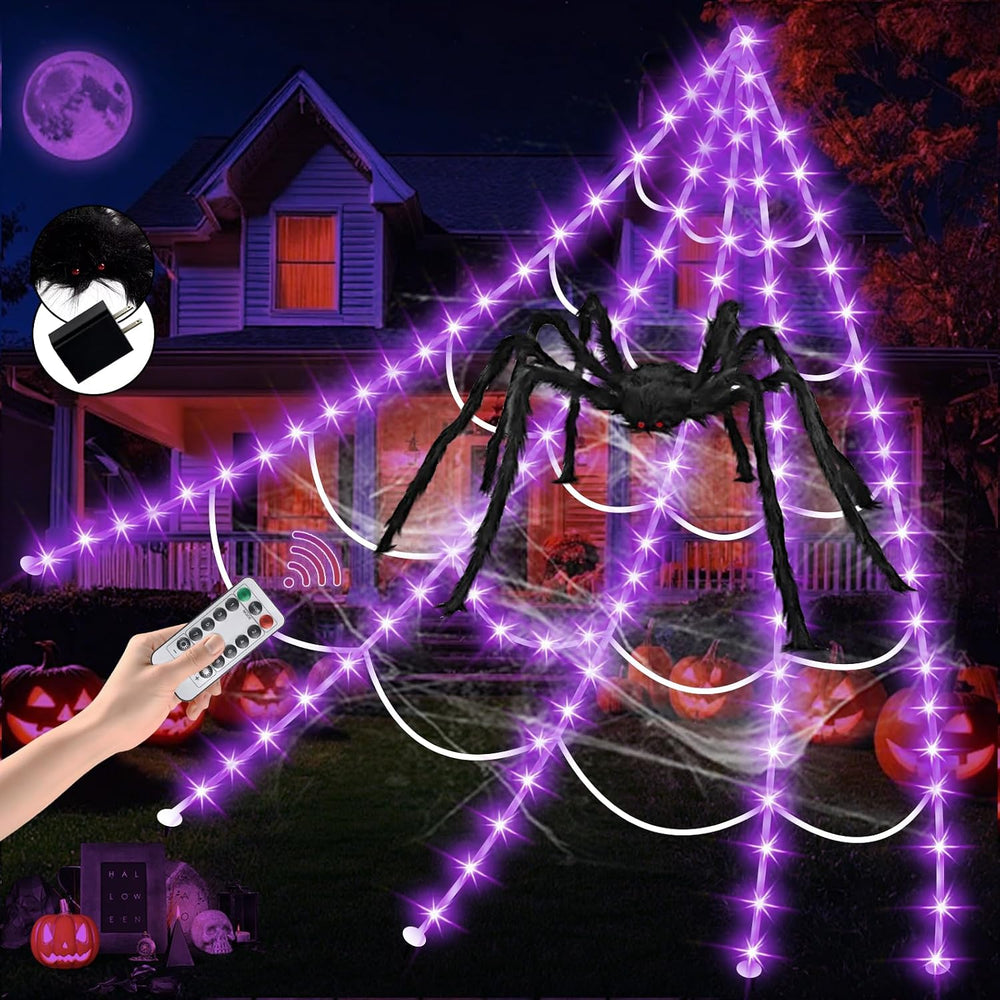 Halloween Decorations Outdoor, Spider Web Lights 250 LED Lighted Spider Web 1...