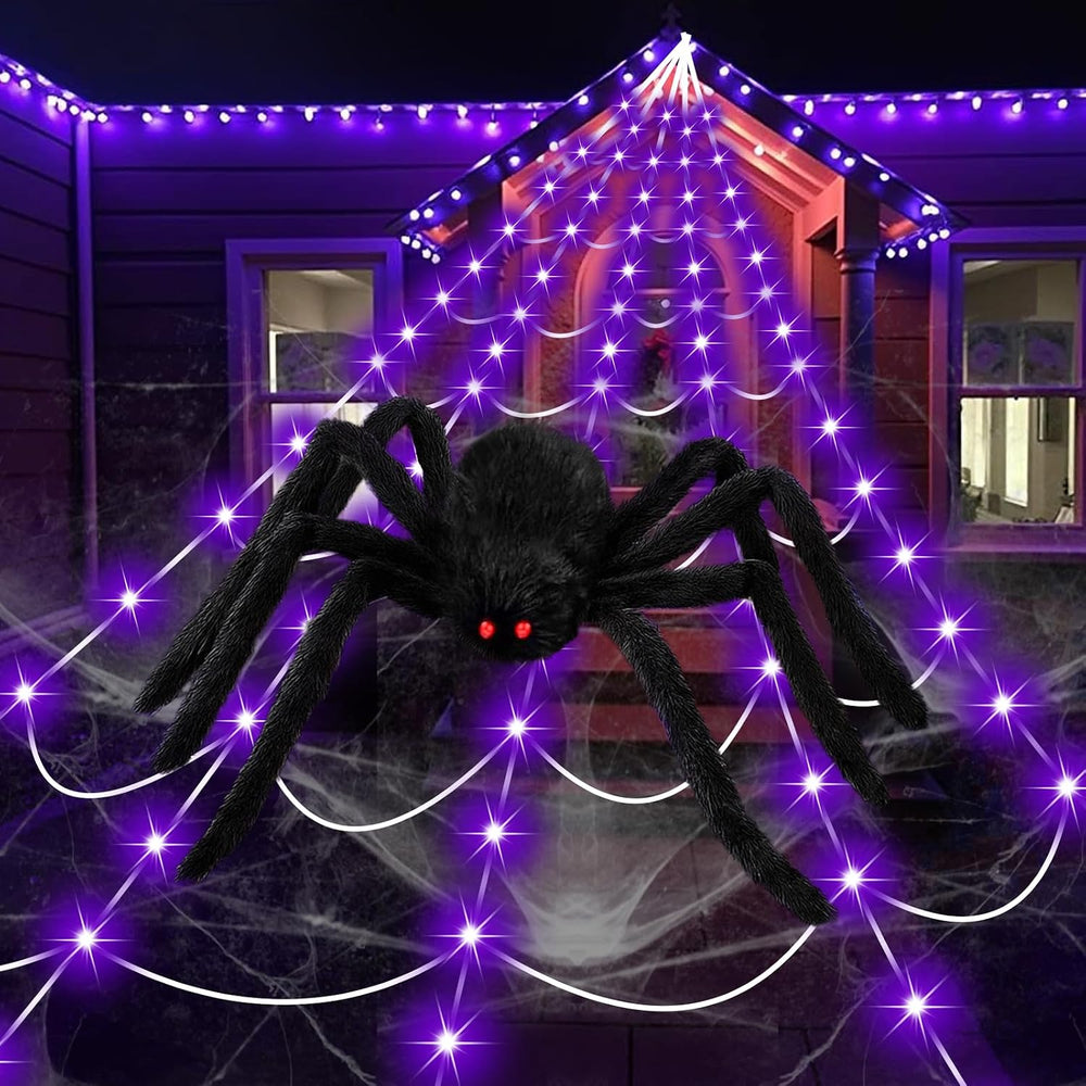 Halloween Decorations 16.4Ft Spider Web with LED Lights & 59" Giant ...