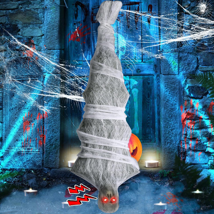 Halloween Decorations, 72 inches Scary Hanging Cocoon Corpse Props with Spooky Sound Effect and Lighted LED Eyes, Halloween Decorations Outdoor for Garden Lawn Indoor