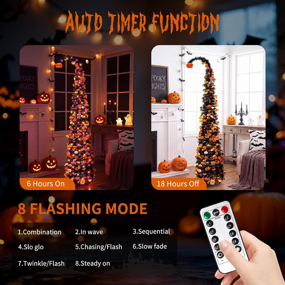 Curved Pumpkin Halloween Tree 5FT with Remote Timer Purple Orange Lights