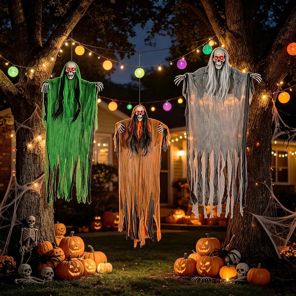 3 Pack Halloween Hanging Skeleton Ghost Decorations with Light Up Red Eyes