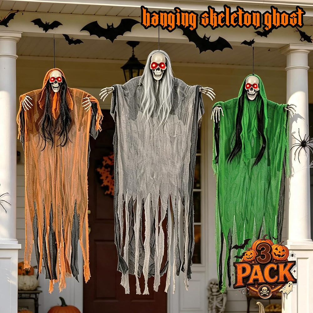 3 Pack Halloween Hanging Skeleton Ghost Decorations with Light Up Red Eyes