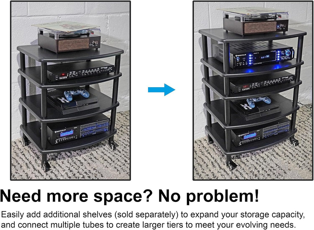 Rockville FLX Black Adjustable Height 4 Shelf Home Theater Audio Rack