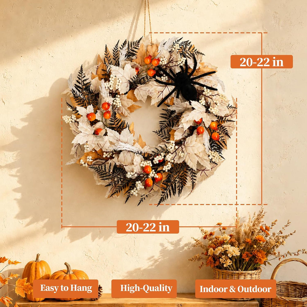Grooy 22 Inch Halloween Wreath for Front Door with Spider Maple Leaf