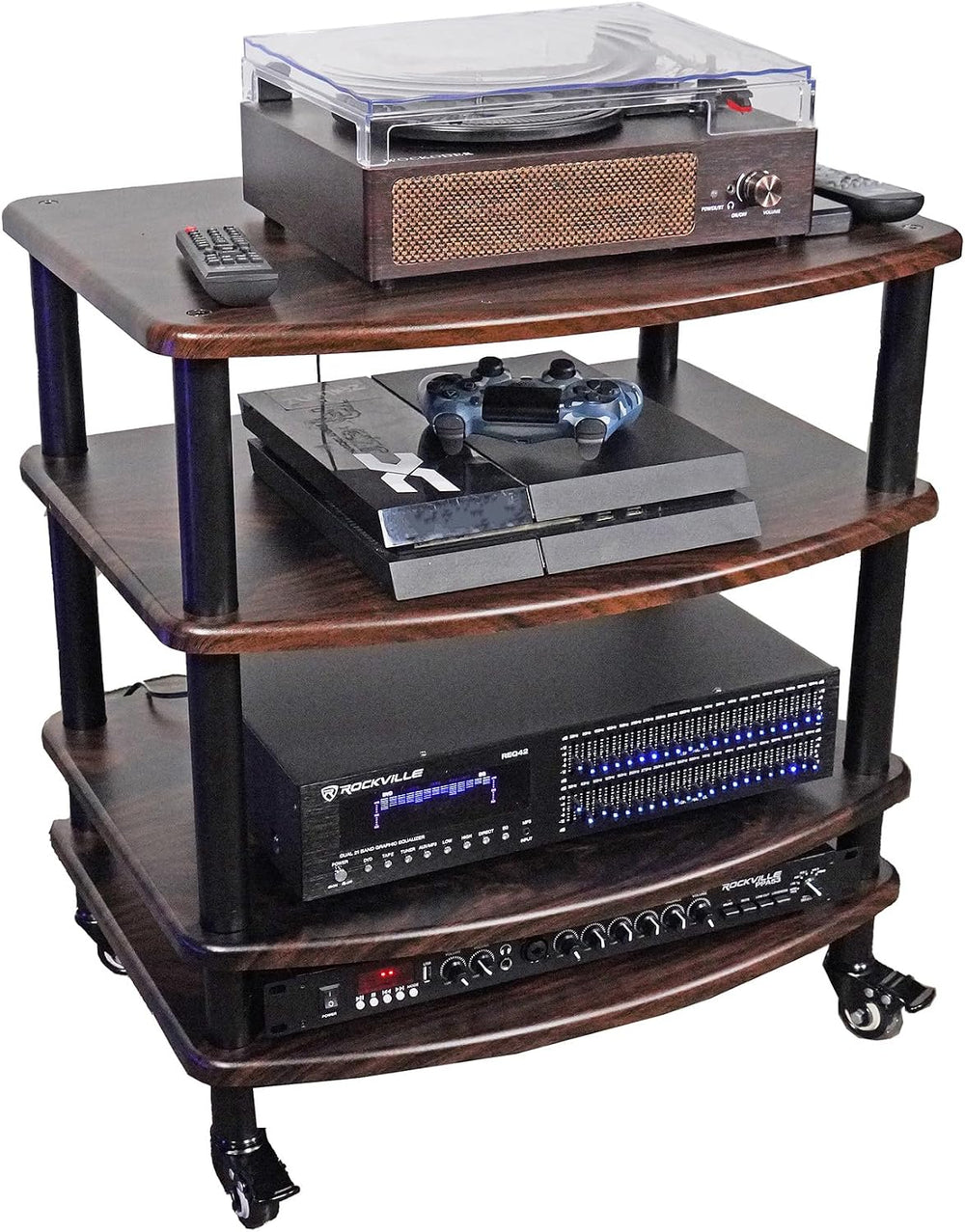 Rockville FLX Dark Wood Adjustable Height 4 Shelf Home Theater Audio Rack